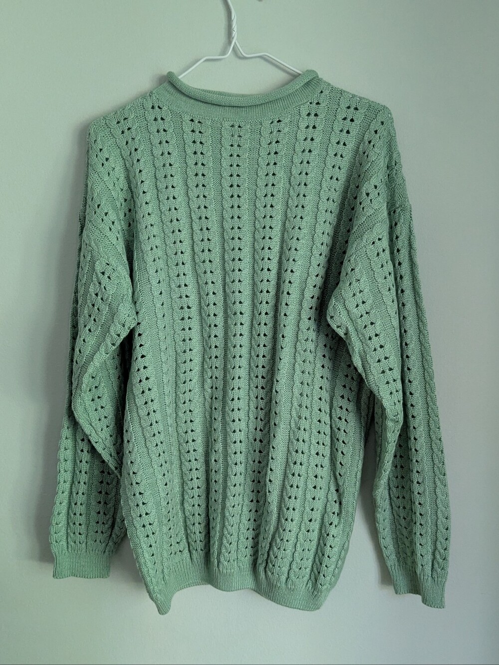 Vintage 90s Women's L/XL Pointelle Cable Knit Sweater Green Rolled Mock Neck